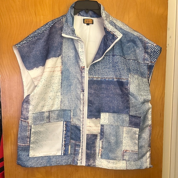 Jackets & Blazers - Patchwork Denim-Print Zip Front Vest - Blue/White
